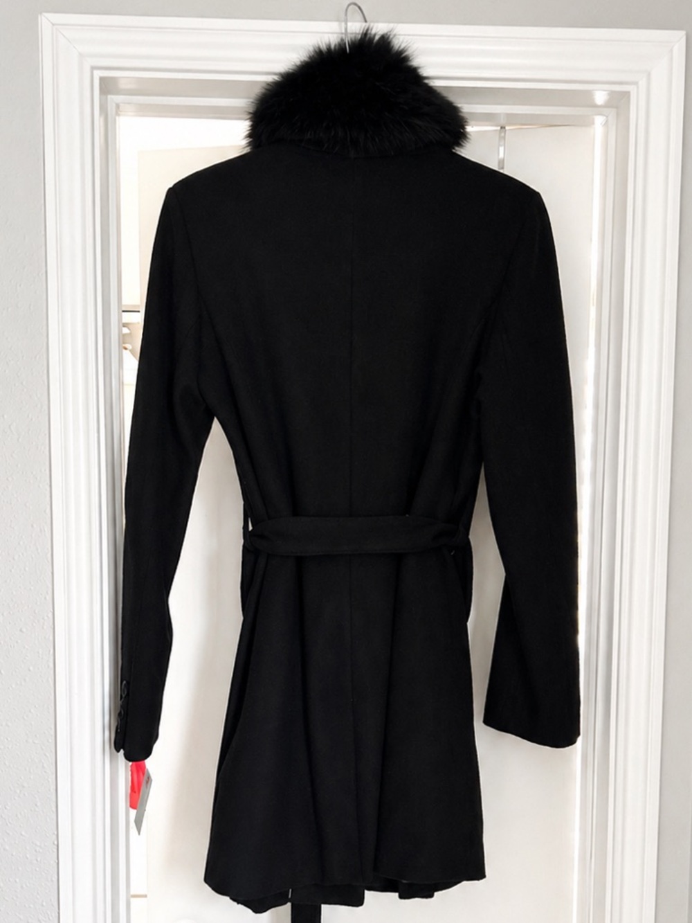 Andrew Marc Black Wool Blend Fox Fur Hooded Belted Coat NWT 12 - Picture 4 of 8